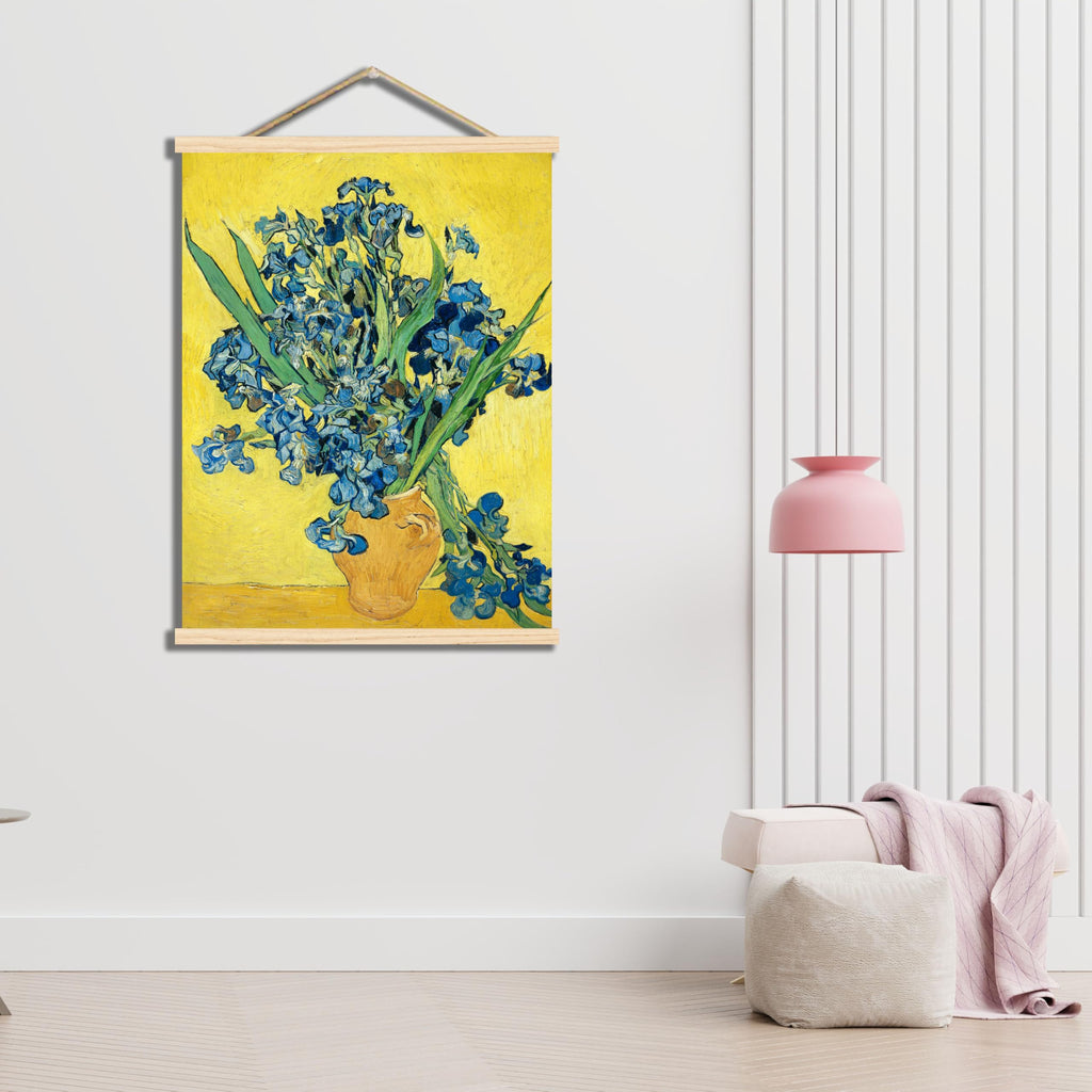 Vincent Van Gogh Canvas Wall Decor - Irises Vase Print on Yellow Background - Classic Art Reproduction - Wooden Frame