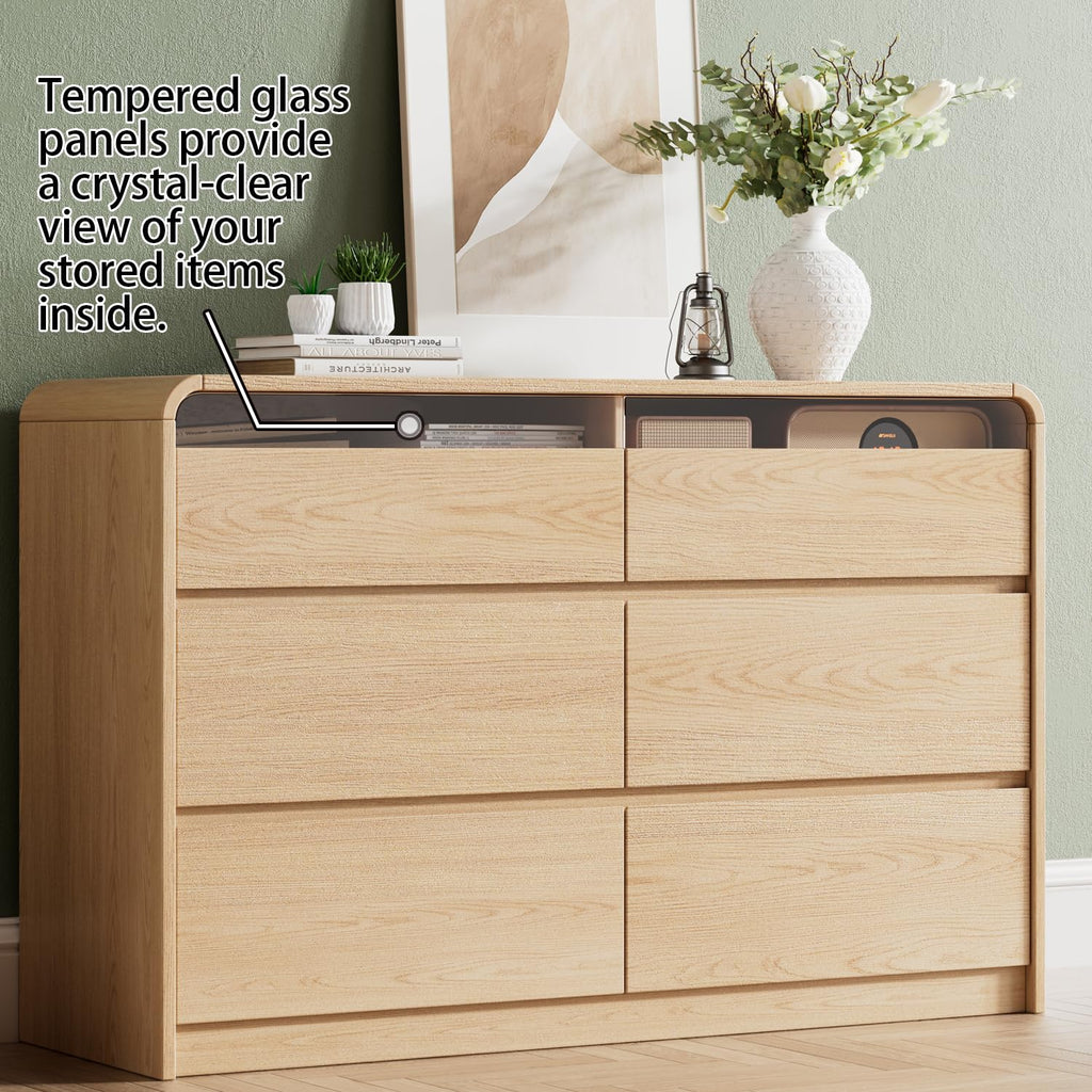 47.2" Dresser with 6 Drawer, Wide Dresser with Recessed Glass Display & Silent Metal Rails, Handleless Chest of