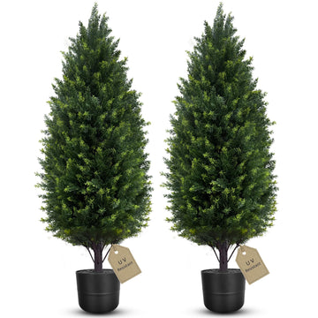 3FT Artificial Cedar Topiary Trees Outdoor Set of 2 Artificial Bushes Plants with Pot, UV Rated Potted Faux Cypress