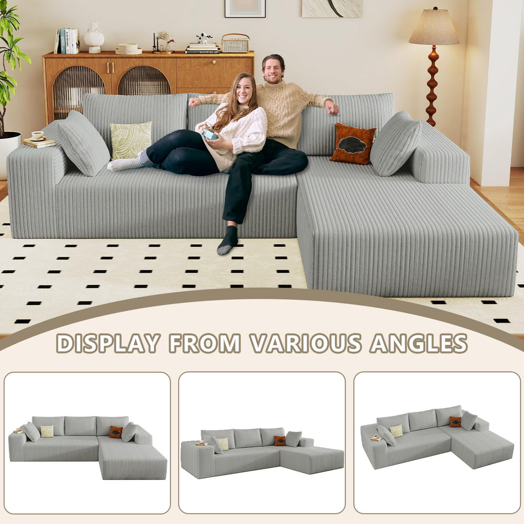 96" Cloud Sectional Couch with L-Shaped Chaise, Modern Corduroy Sectionals Couches with Deep Seat, Boneless Sofa 3