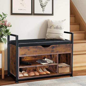 35" Wood Shoe Bench, Padded Cushion, Rustic Brown&Black