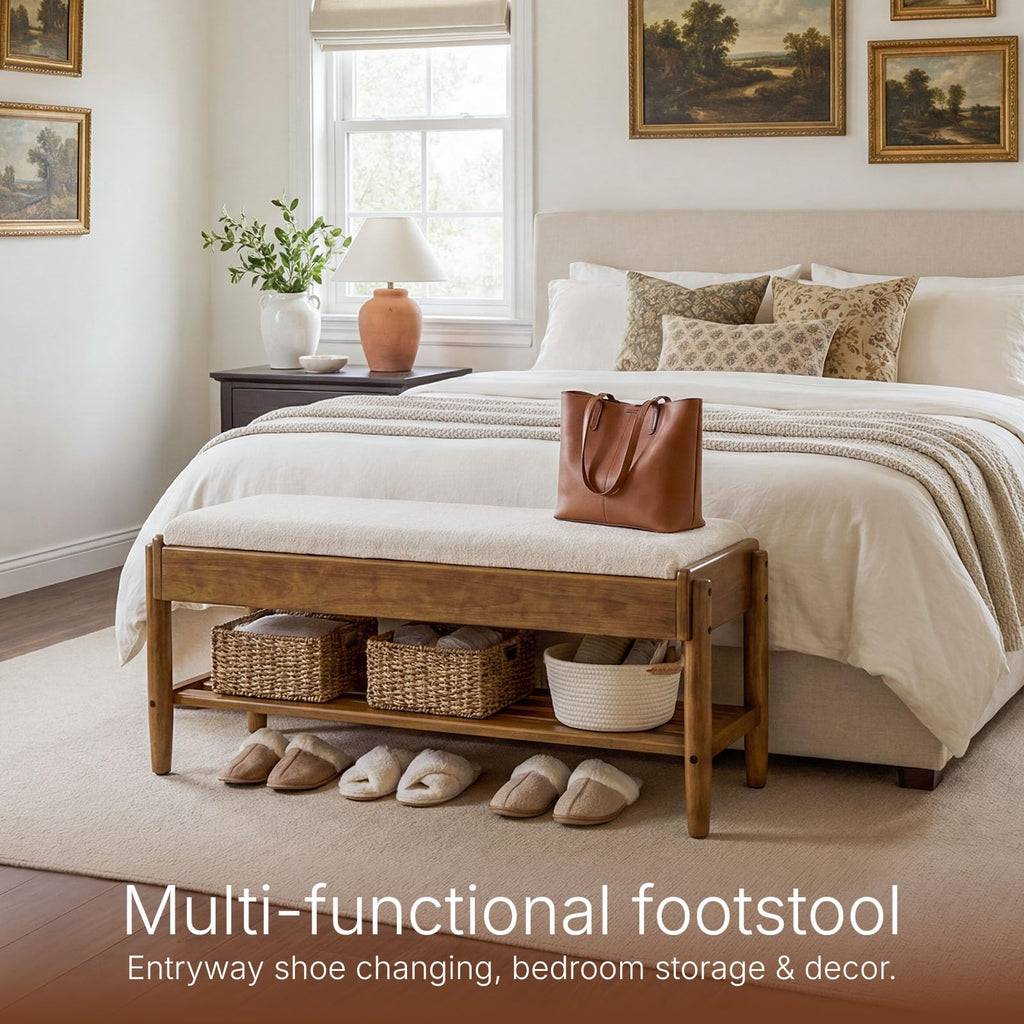 2 Tier Shoe Rack Bench with Flip-Top Storage, 39.3" Solid Wood Shoe Rack Bench with Chenille Cushion, Closet