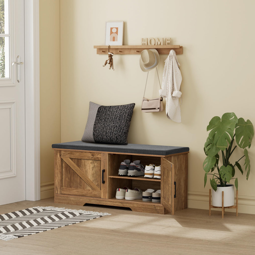 Farmhouse Shoe Storage Bench with 2 Barn Doors & Padded Seat Cushion