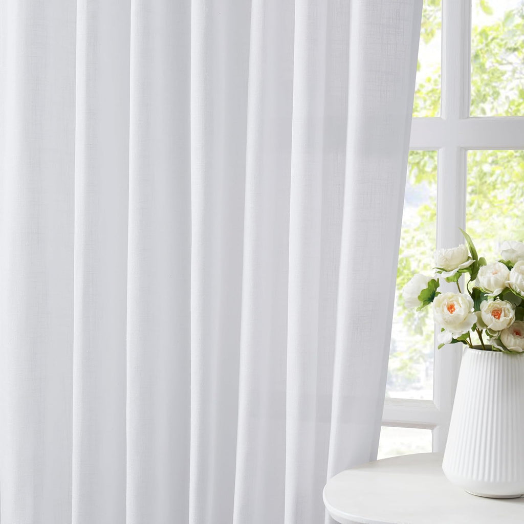 120 Inches White Pinch Pleated Semi Sheer Curtains Linen Blend Light Filtering Window Curtain for Living Room Bedroom