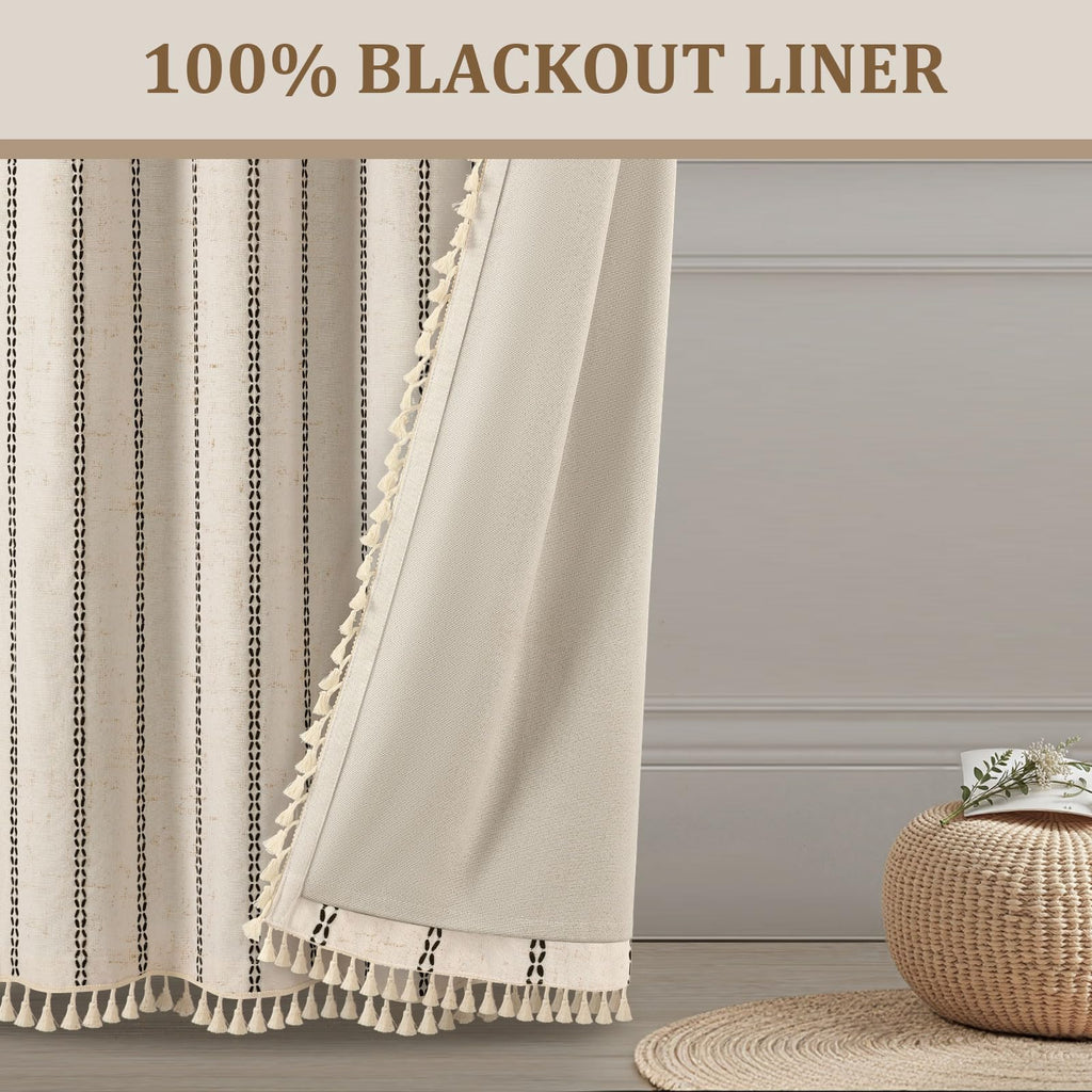 Beige 100% Boho Blackout Curtains 84 Inch 2 Panels with Tassels