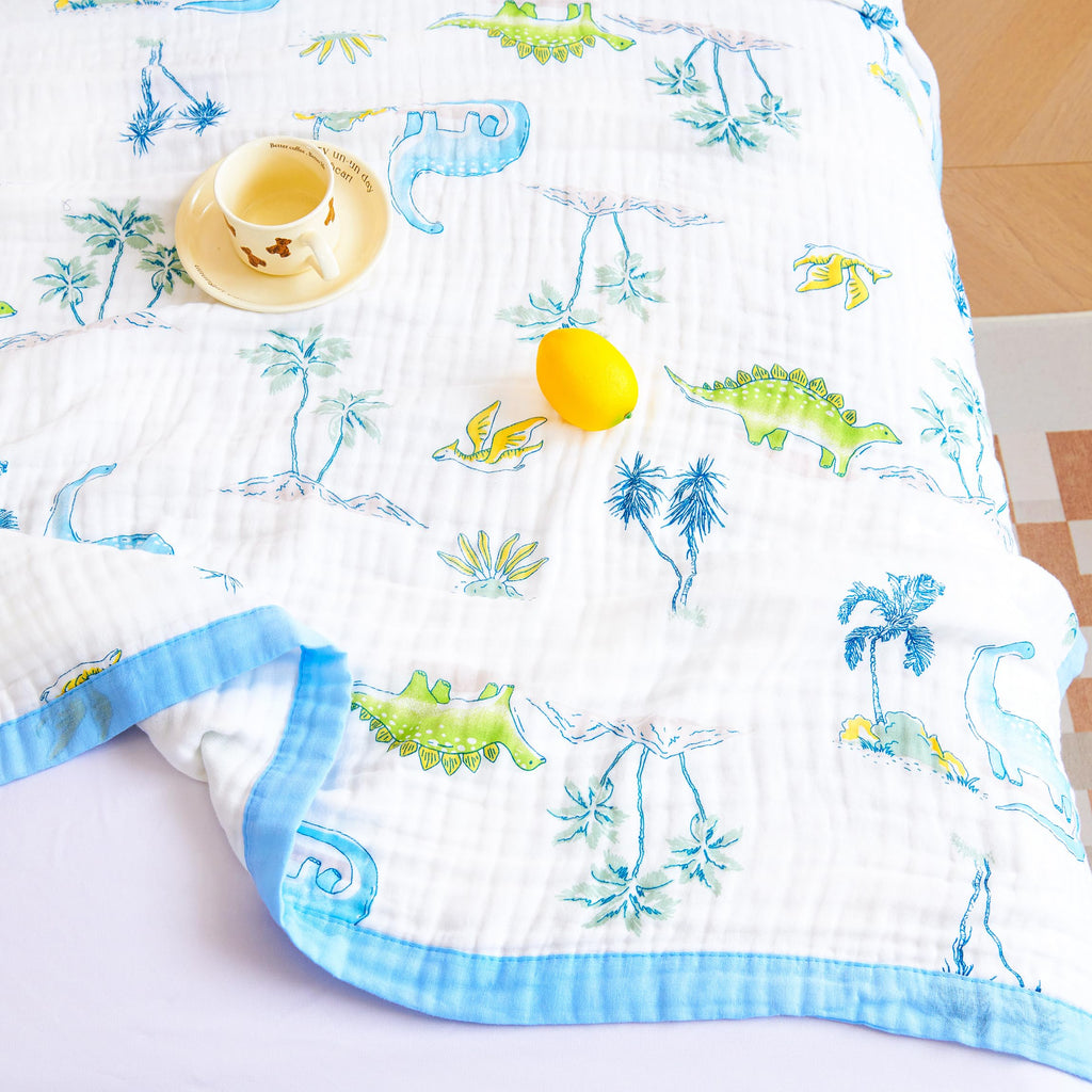 Dinosaur Blue Muslin Wrap Blanket 100% Cotton 6 Layer Quilt Bed Blanket Soft Warm Throw Blanket Sofa Couch Toddler