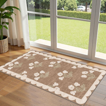 Front Door Mat Indoor Entrance, 2x4.3 Tan Boho Floral Farmhouse Rug