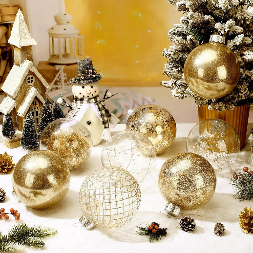 8 Set Clear Large Christmas Ball Ornament 6" Glitter Champagne Gold
