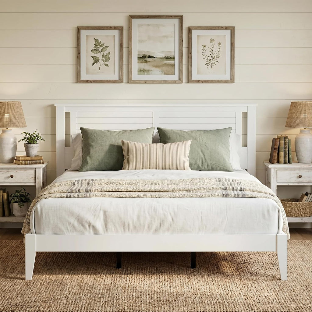 Solid Wood Platform Bed with Wooden Slats - Durable Frame, No Box Spring Required, Ample Underbed Storage, White