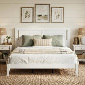 Solid Wood Platform Bed with Wooden Slats - Durable Frame, No Box Spring Required, Ample Underbed Storage, White