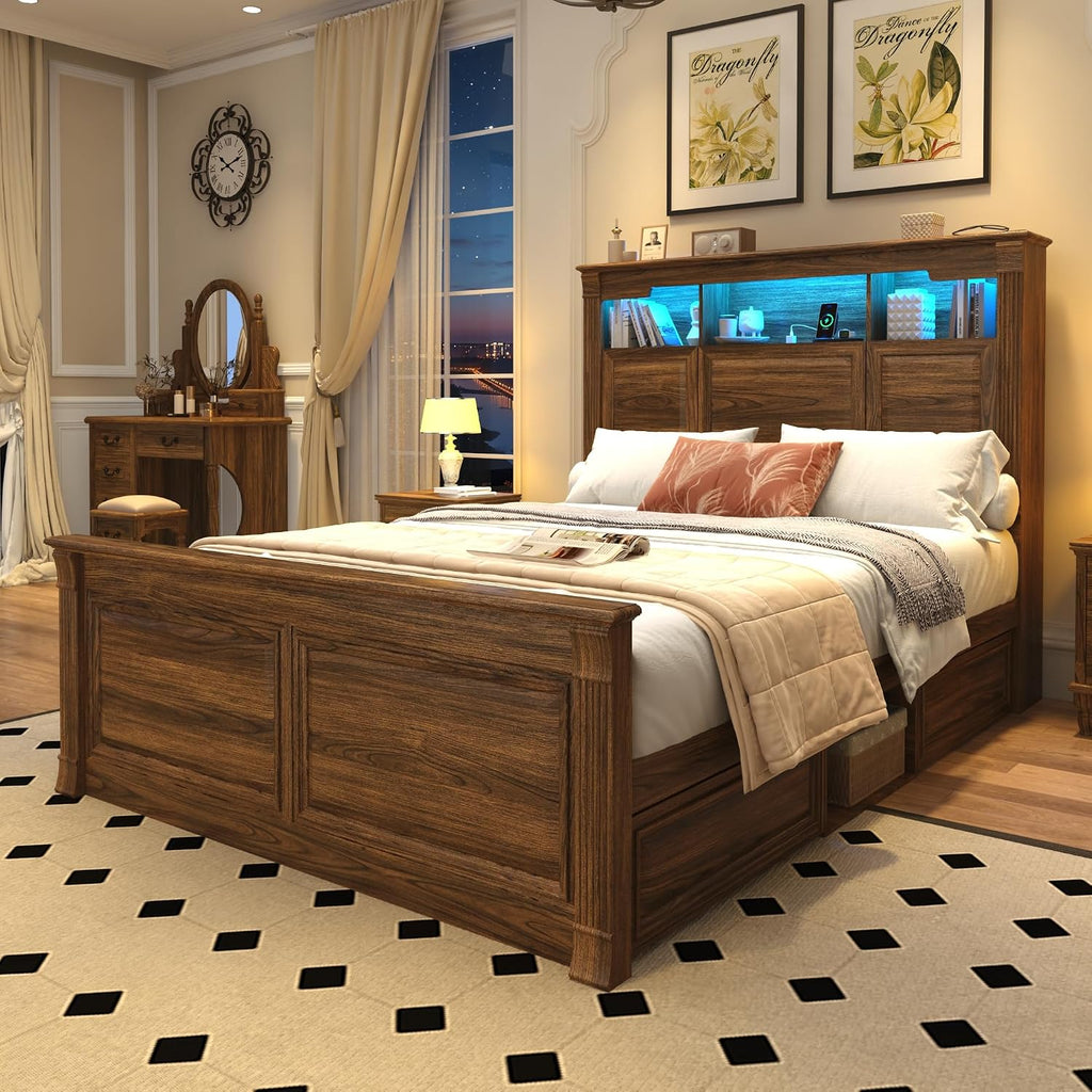 Farmhouse Queen Bed Frame with 55" Tall Storage Headboard & 4 Drawers, Wood Roman Column Platform Bed Frame with 24"