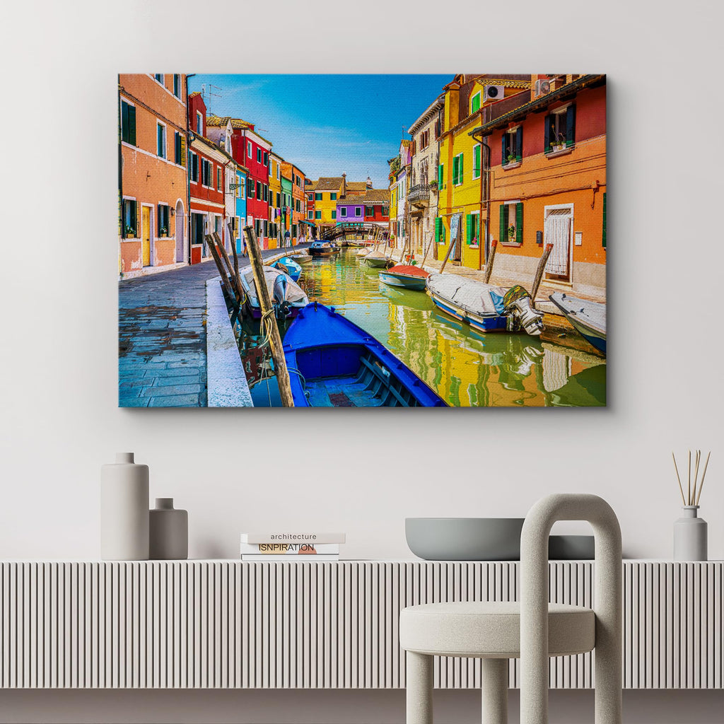 Canvas Print Wall Colorful Burano Canal Scene Vibrant Venice Architecture and Boats Photography Realism Bohemian