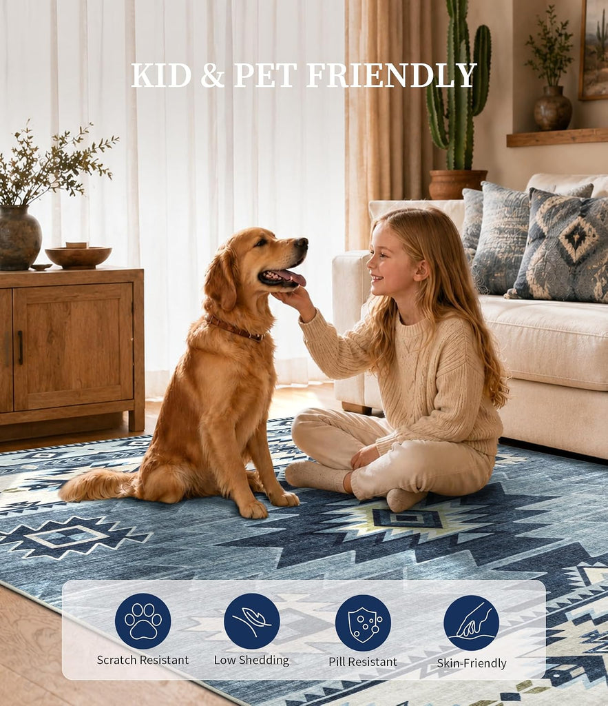 Washable Western Aztec Area Rug, Blue