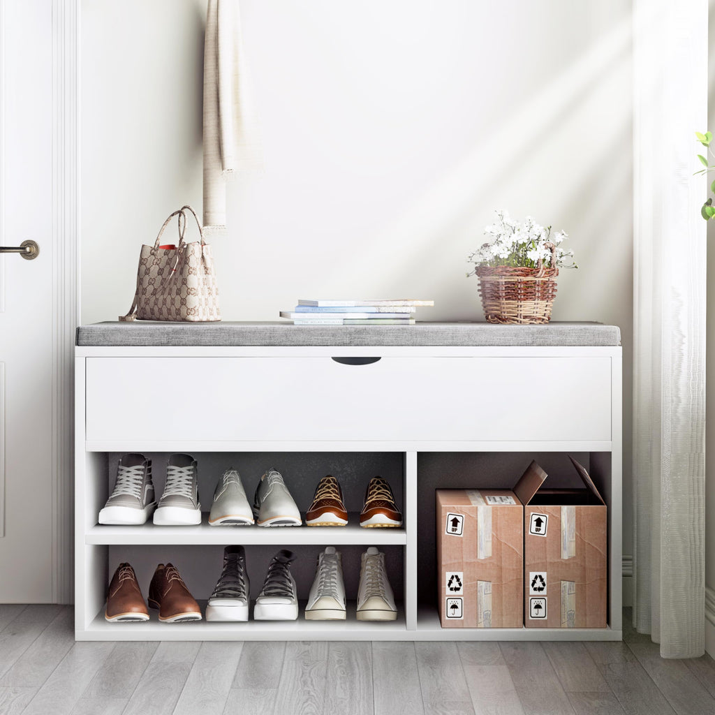 Shoe Storage Bench with Cushion, Entryway Bench with Lift-Top Storage Box and 2 Tiers Open Shoe Rack, Wooden Shoe