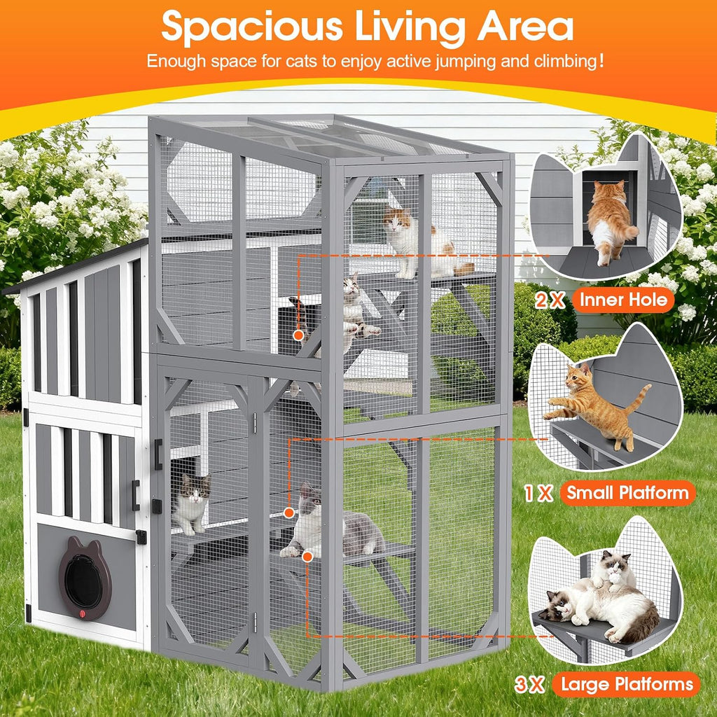 69"H Catio 3 Tiers Large Cat Enclosures House for Outdoor Indoor Use, Feral Cats Shelter with Window Access