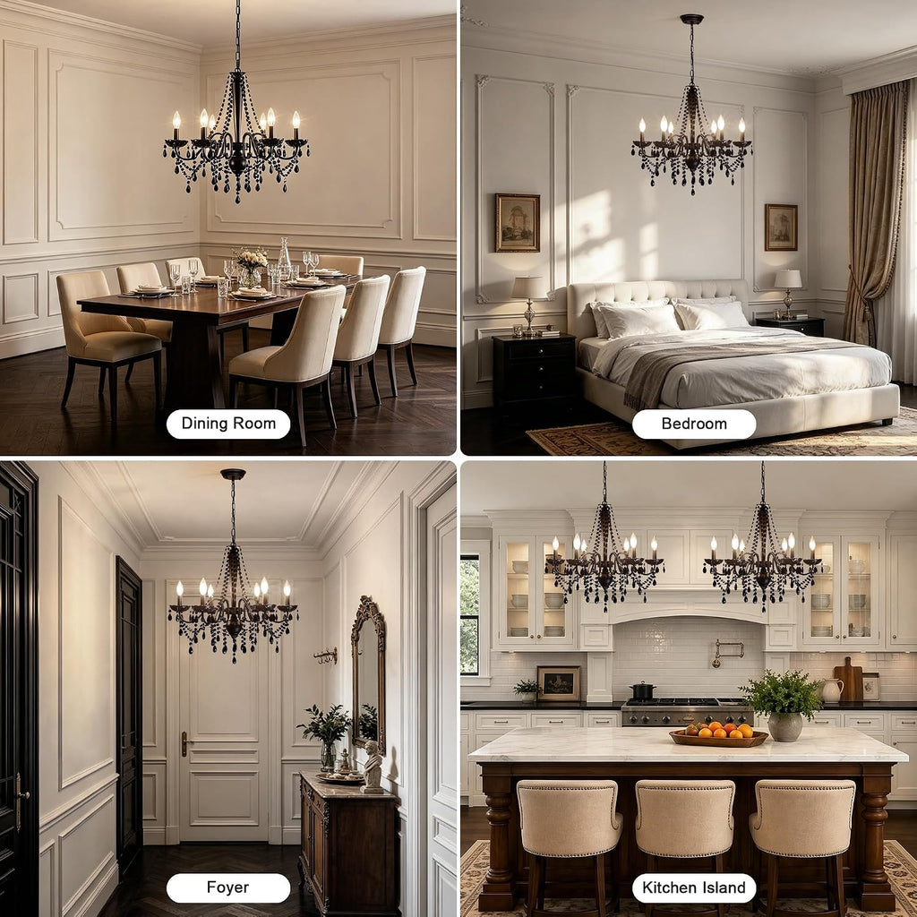 Black 6 Light Crystal Candle Chandelier - French Country Farmhouse, H21.3" x W24.8"