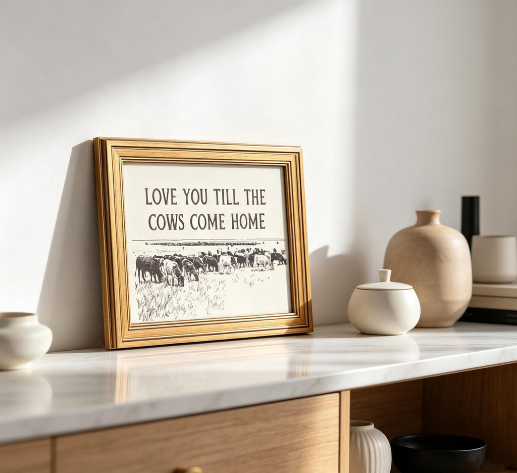 Vintage Gold Framed Cow Wall Art, Western Cowboy Country Landscape Painting Canvas Prints, Romantic Quotes Family