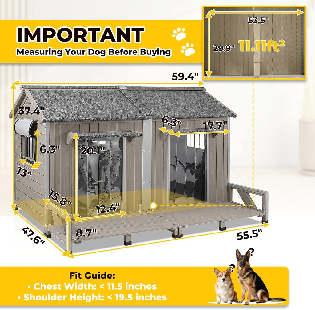 Extra Large Outdoor Dog House with Balcony, Weatherproof Kennel for 2 Dogs