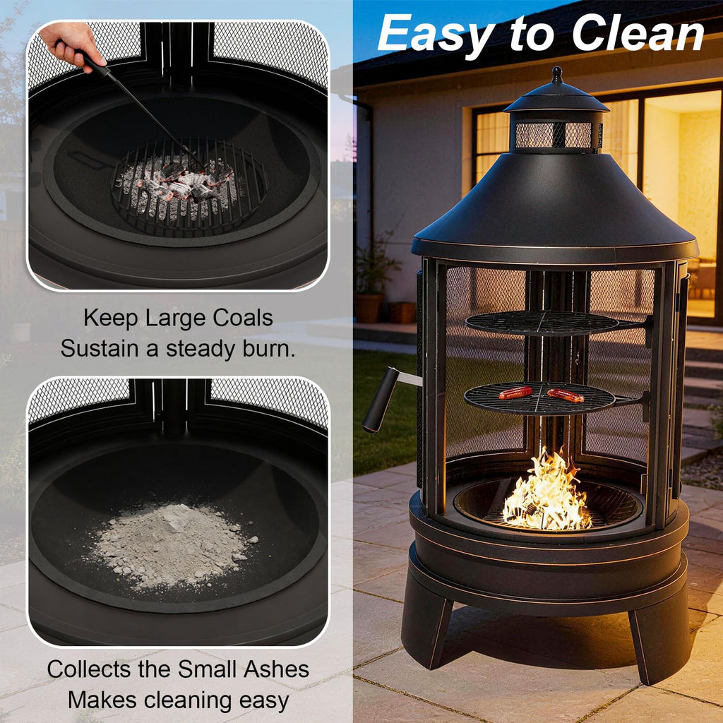 2 in 1 Metal Chimenea with Grill, Outdoor Fire Pit with Adjustable Grill Tray 3-Door Design Spark Screen Door