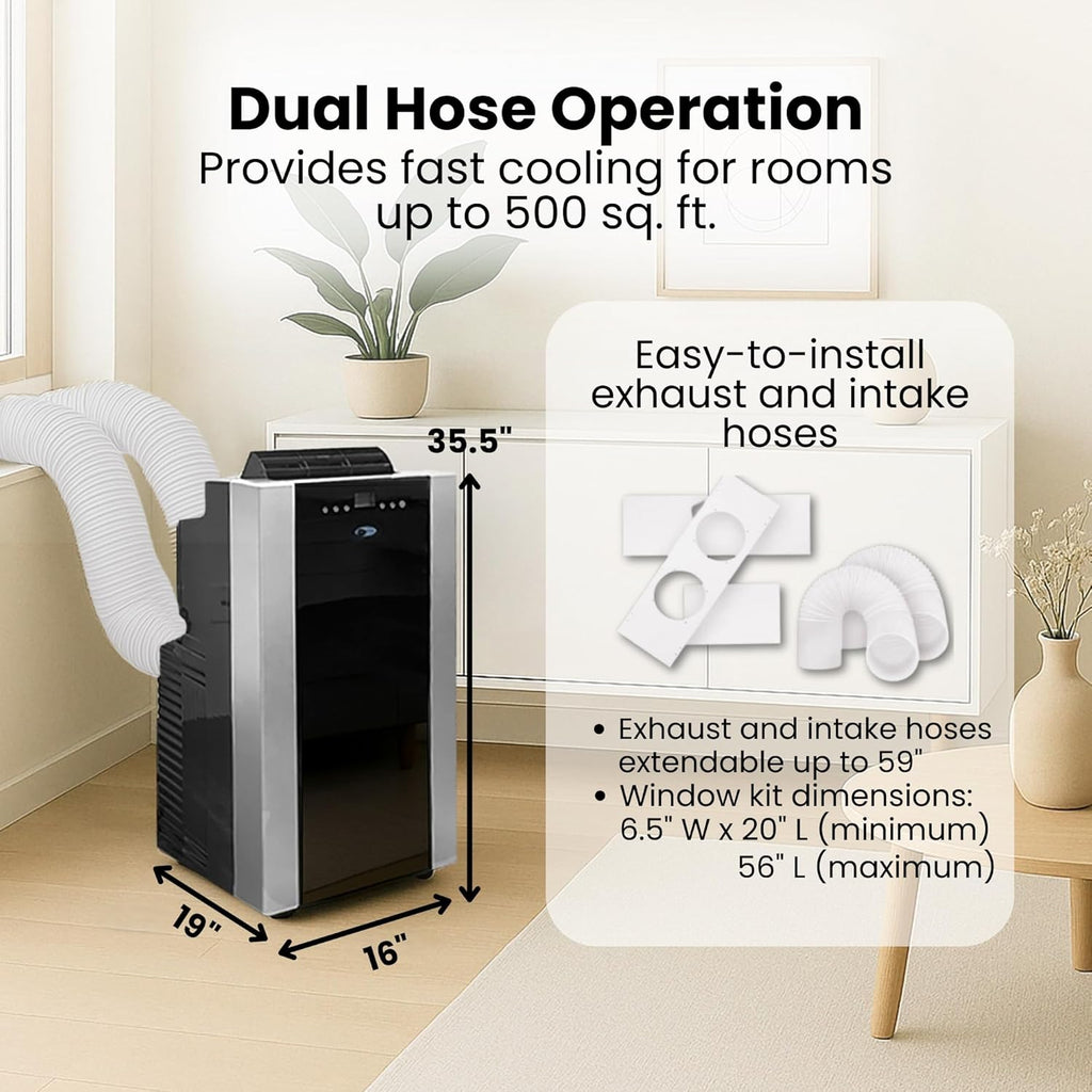Portable Air Conditioner 14,000 BTU & Heater with Dual Hose Dehumidifier & Cooling Fan for 500 Sq Ft Rooms