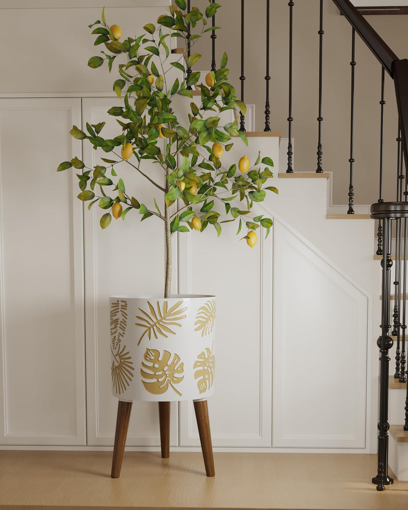 12 Inch Planter, Plant with Stand, Large Planters for Indoor Plants, Flower Pot with Drainage Holes for Outdoor, White