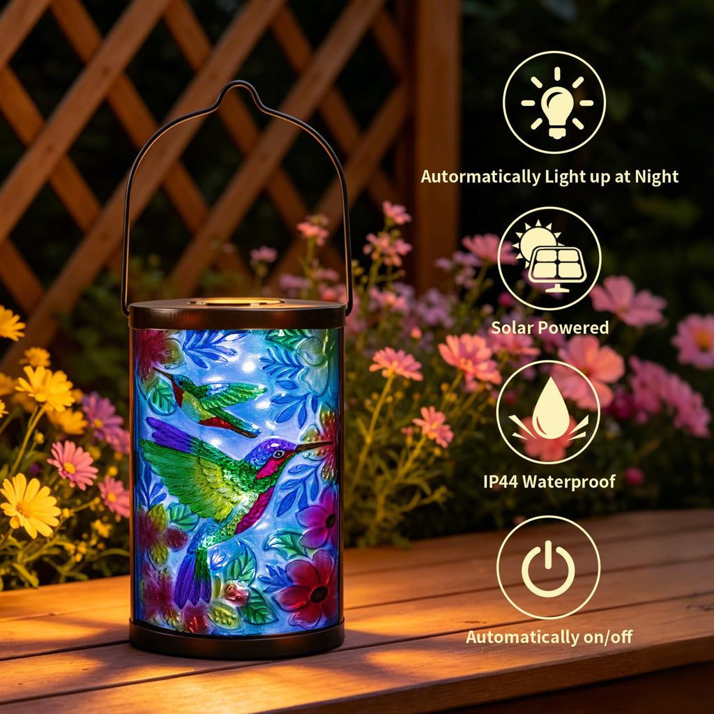 Hummingbird Solar Lantern, Hanging Glass Outdoor Garden Light