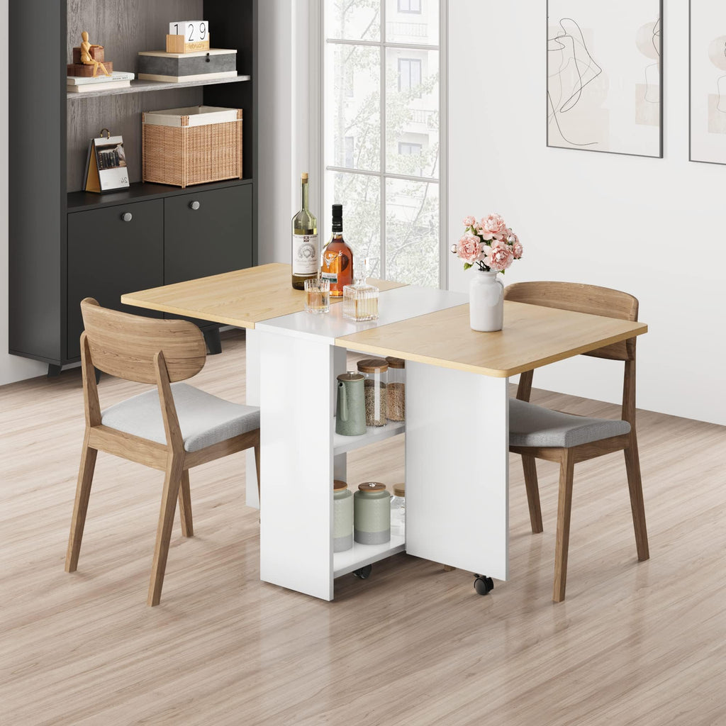 FoldingTable, Drop Leaf Dining Table with 6 Wheels and 2-Layer Storage Shelf, Space Saving Table for Small Spaces