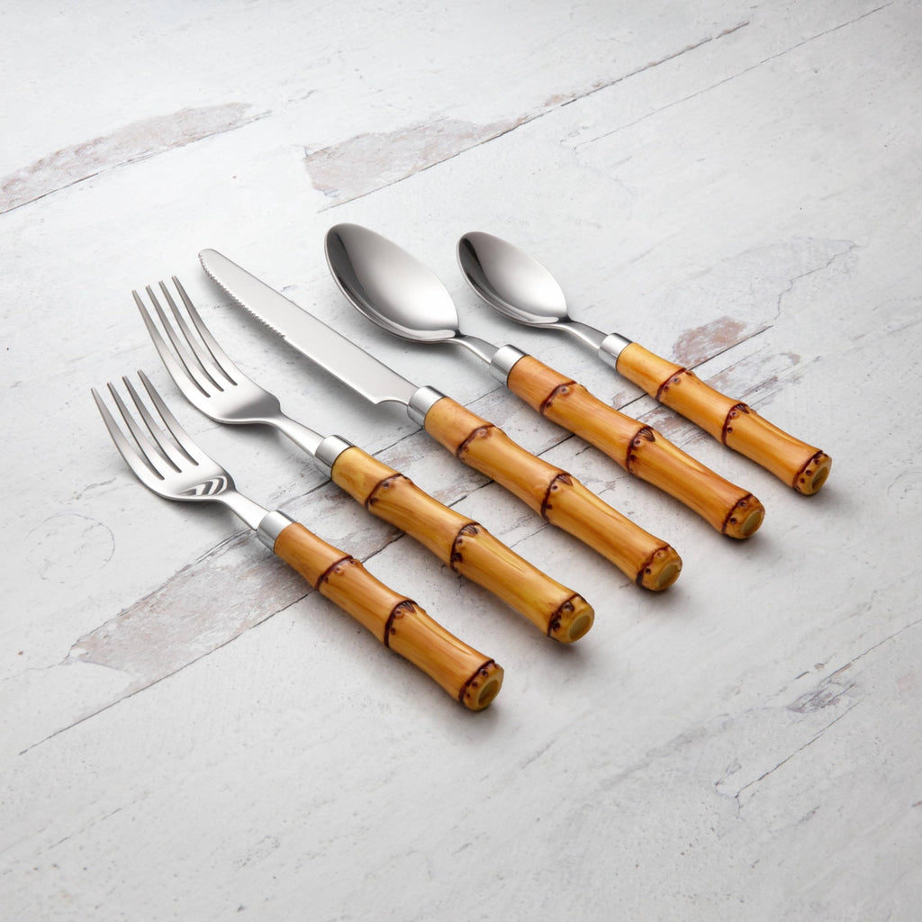 Bamboo Plastic Handle Flatware Set for 4 (Light Brown, 20-Piece)