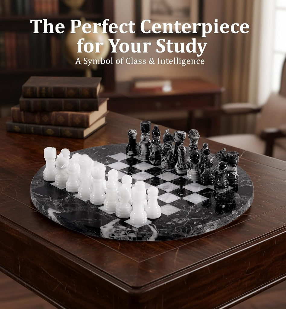 Marble Chess Set for Adults with Complementary Storage Box,12 Inch Handmade Black & White Chess Board Game, Luxury - Set of 34