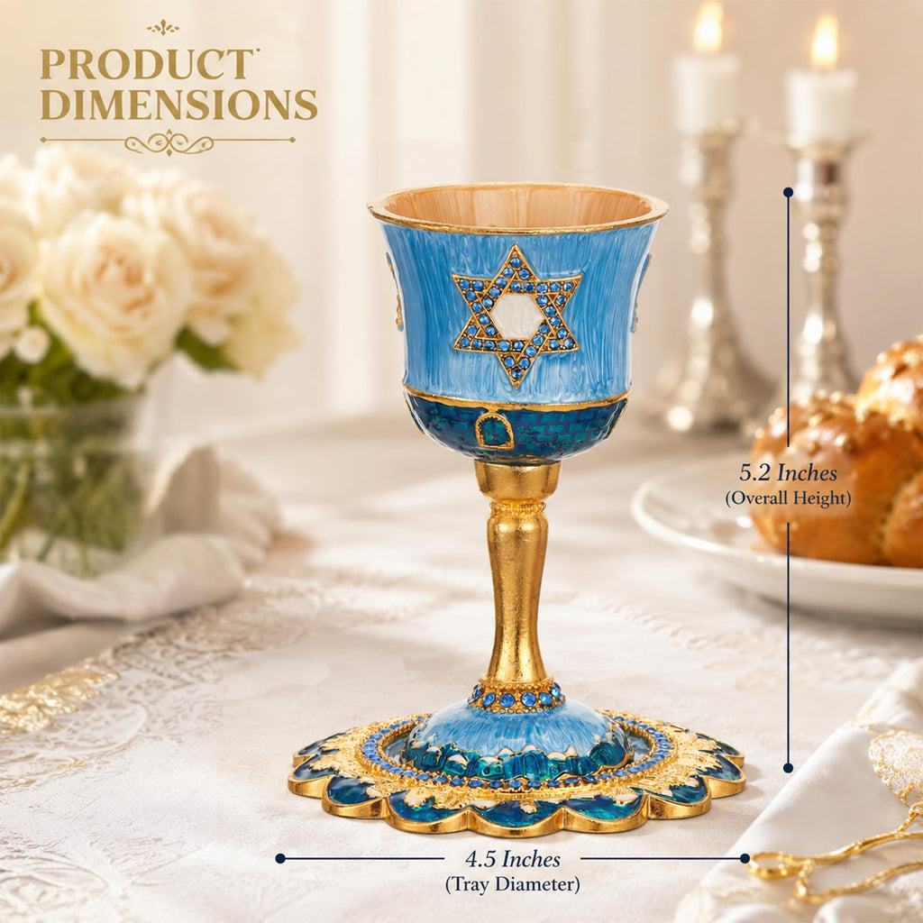 Hand-Painted Enamel Tall 5" Kiddush Cup Set w/Stem & Tray