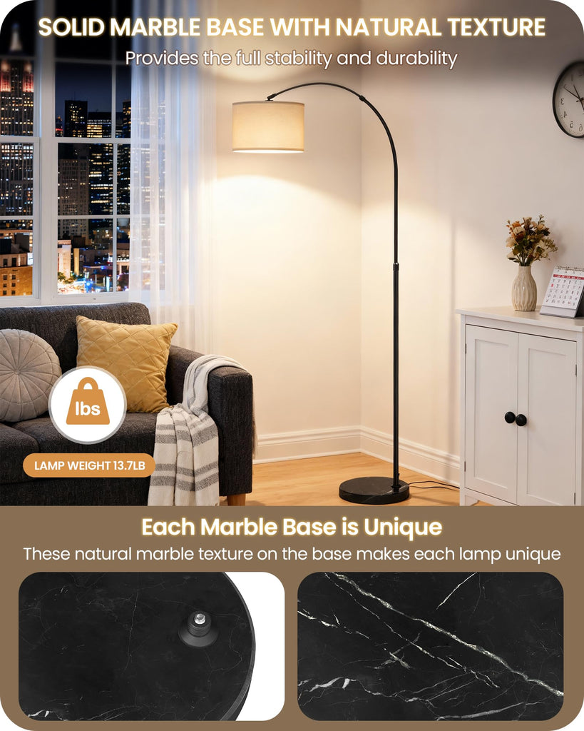 75" Dimmable Arc Lamp with Marble Base, Adjustable Height,White Linen Shade