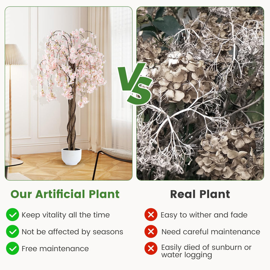 5.5FT Artificial Cherry Blossom Tree, Fake Flower Tree, Faux Floral Plant Blooming Tree Pot with White Flowers, Tall