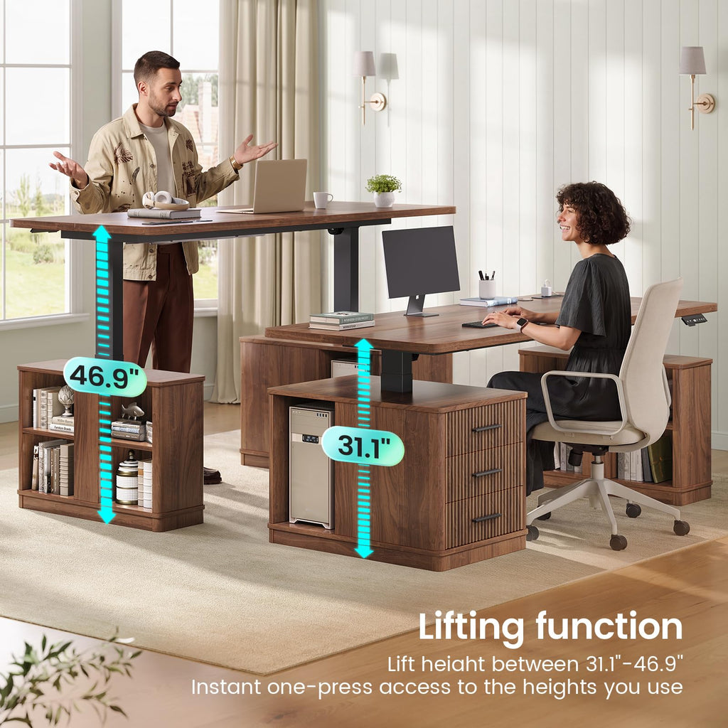63" Fluted Electric Standing Desk with 3 Drawers, Storage Shelves