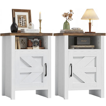 Farmhouse Nightstand Set of 2 with Barn Door, Rustic White