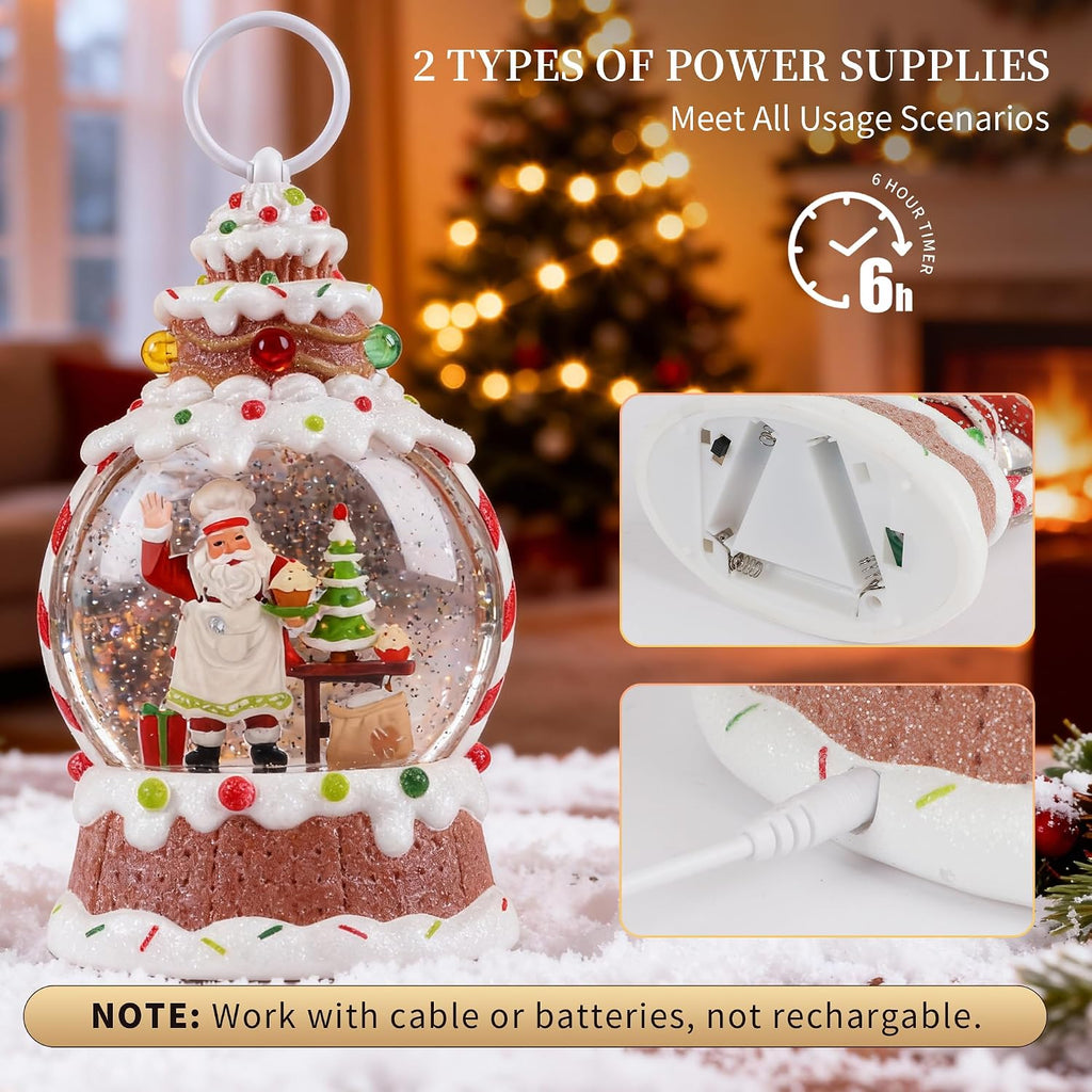 9" Lighted Musical Snow Globe Lantern, Gingerbread Santa Baker with Swirling Glitter, Cupcake Christmas Tree, USB