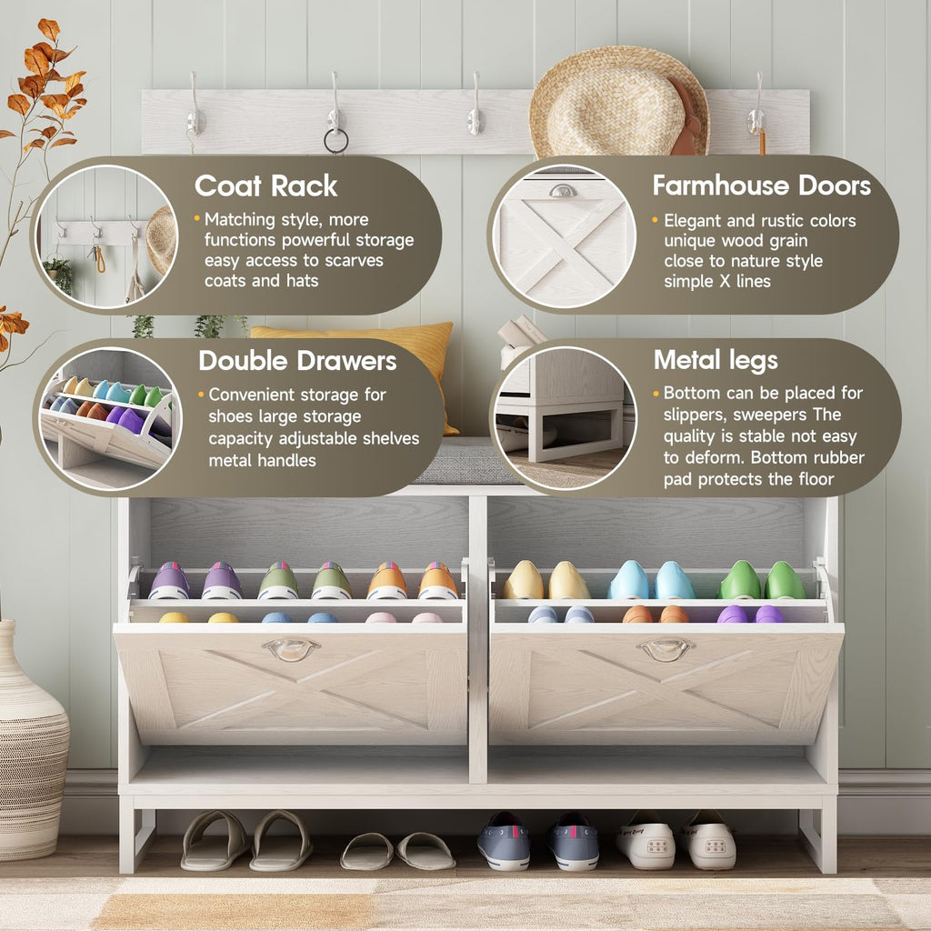 Shoe Cabinet with 2 Flip Drawers & Coat Rack, Shoe Storage Bench with Seat Cushion, 5 Large Sturdy Metal Hooks