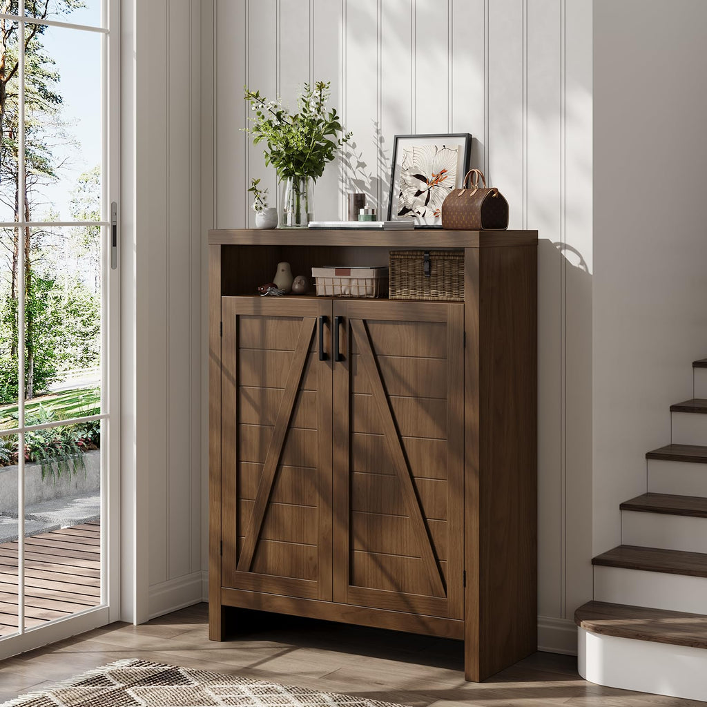 6-Tier Shoe Cabinet with Door, Farmhouse Shoe Storage Cabinet, Walnut