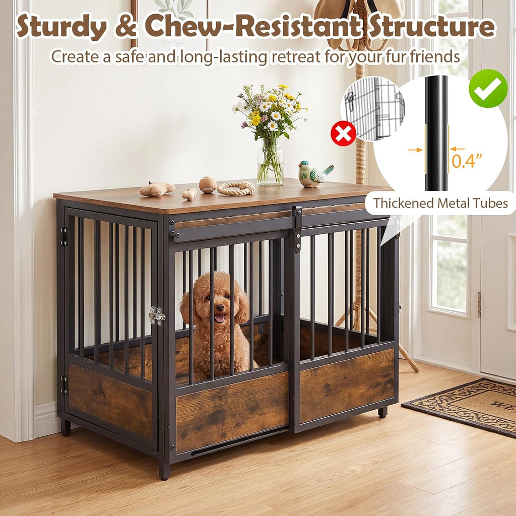 32.5" Dog Crate Furniture with Sliding Barn Door, Wooden Dog Kennel