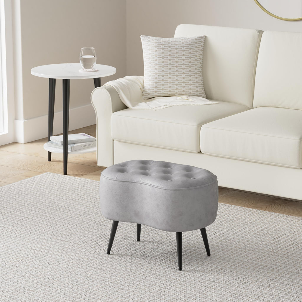 Tufted Oblong Velvet Ottoman - Mid Century Modern Upholstered Foot Rest with Steel Legs - Soft Padded Foot Stool