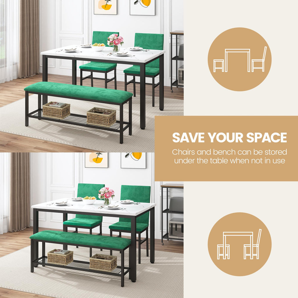Dining Table Set for 4, Faux Marble Kitchen Table, Kitchen Table Chairs Set with Velvet Chairs, Bench with Storage Net