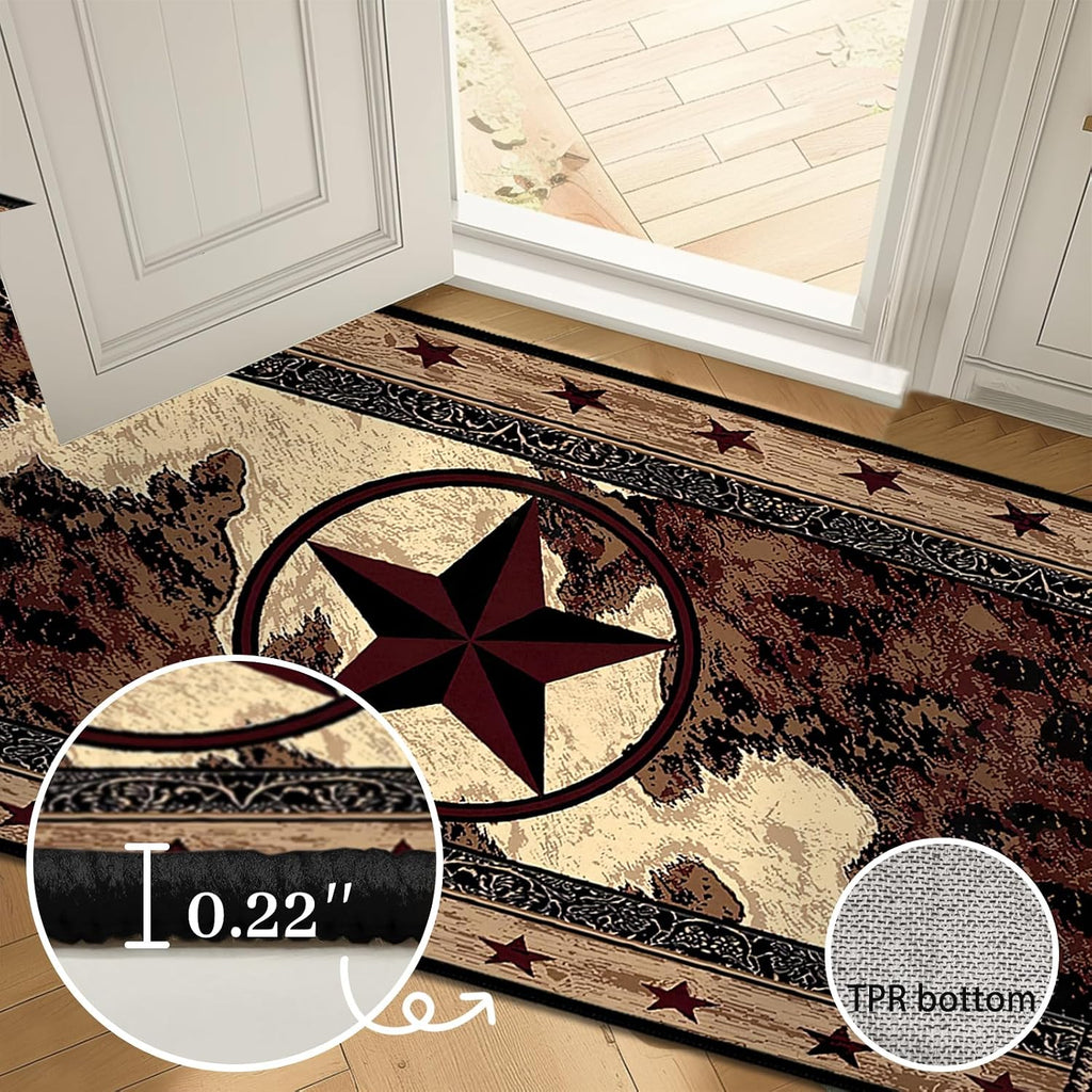 Western Rugs Area Rug,Washable Living Room Rug Vintage Rugs,Texas Star,Entryway Throw Mats Brown Non Slip Rustic