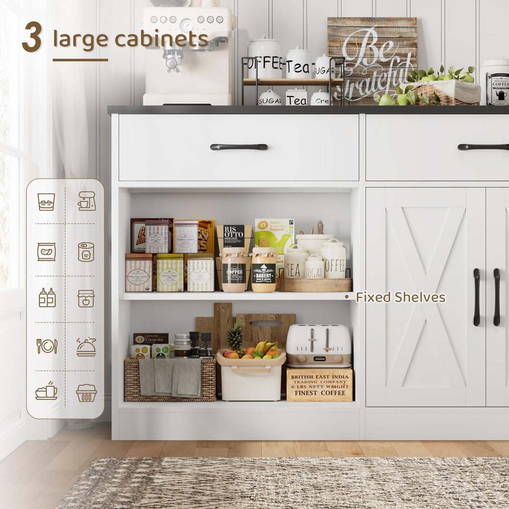 71" W Kitchen Sideboard Buffet Cabinet with Storage, White/Black