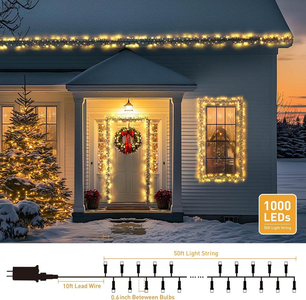 1000 LED 50ft Cluster Lights, Warm White Christmas Lights