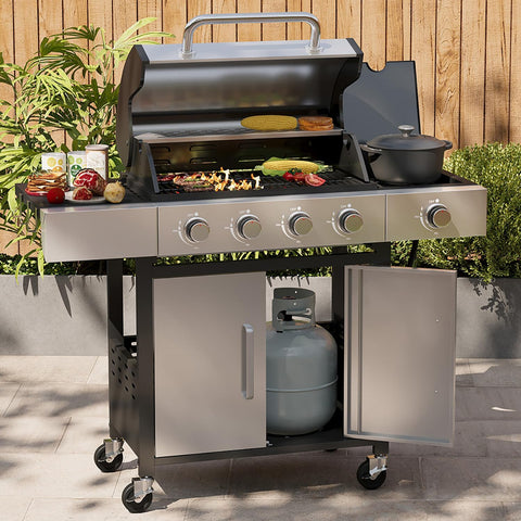 4-Burner Propane Gas Grill with Side Burner, 49,000 BTU Stainless Steel BBQ Grill with Cast Iron Grates and Side Tables (Black & Silver)