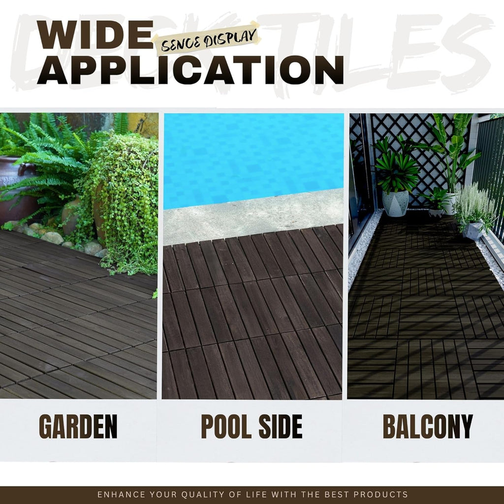 10/30 PCS Interlocking Deck Tiles Striped Pattern, 12" x 12" Dark Brown Square Acacia Hardwood Outdoor Flooring for