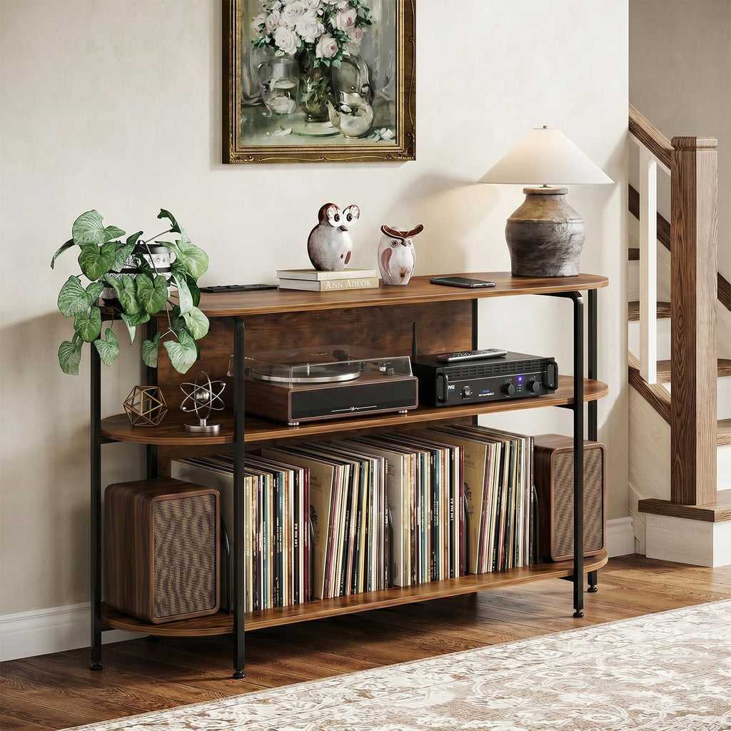 Vinyl Record Player Stand with Power Outlets, 43.3" Mid Century Turntable Stand Console Table, 3-Tier Arc Record