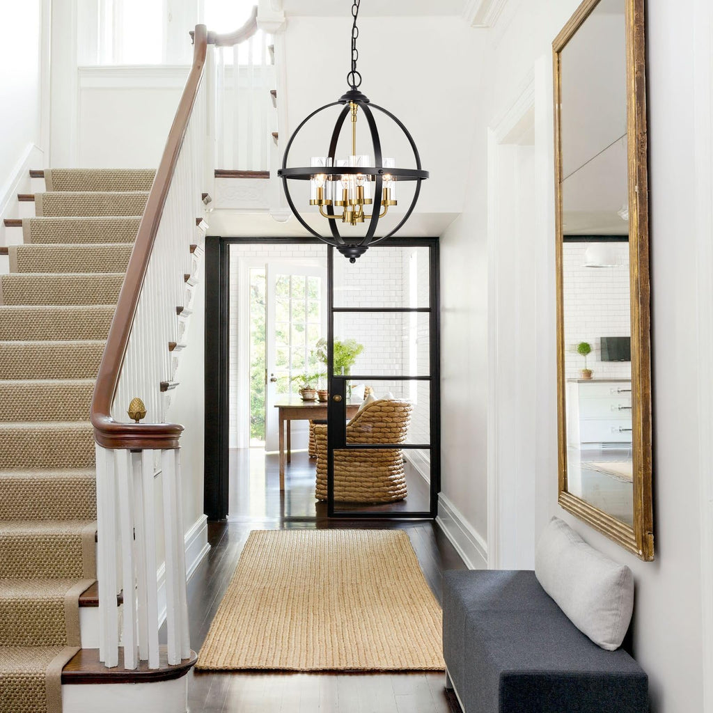 Rustic Chandelier, 17" Black and Gold Finish Glass Cover Luxurious Hanging Light, 4-Light Globe Vintage Pendant