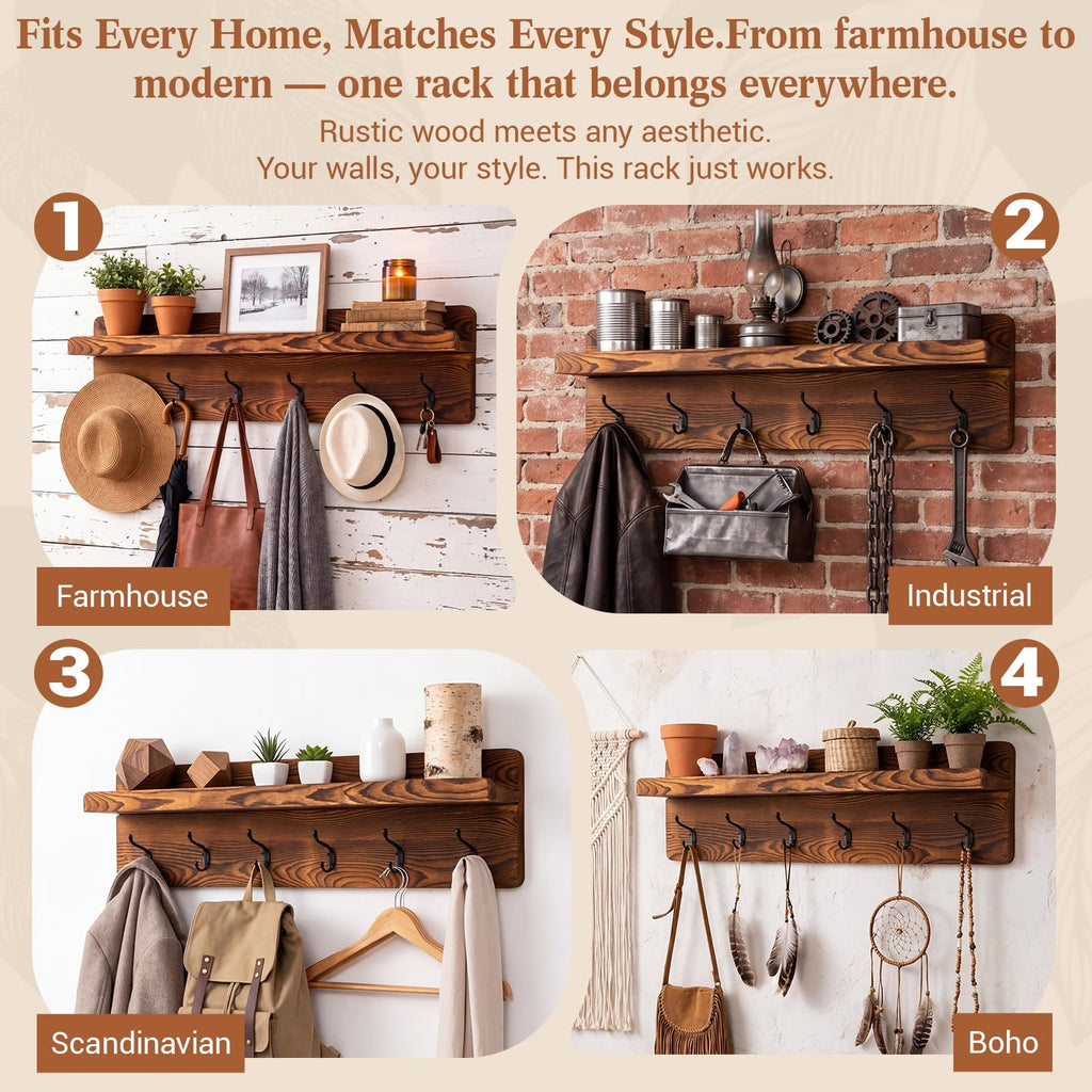 35 Inch Wall Shelf with Hooks and Shelf Organizer Wall Mount Coat Rack with 6 Hooks for Hanging