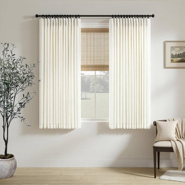 Pinch Pleated Cream Linen Cafe Curtains 48 Inch Length Set 2 Panel Back Tab Pinch Pleat Drapes with Hooks Rings Semi