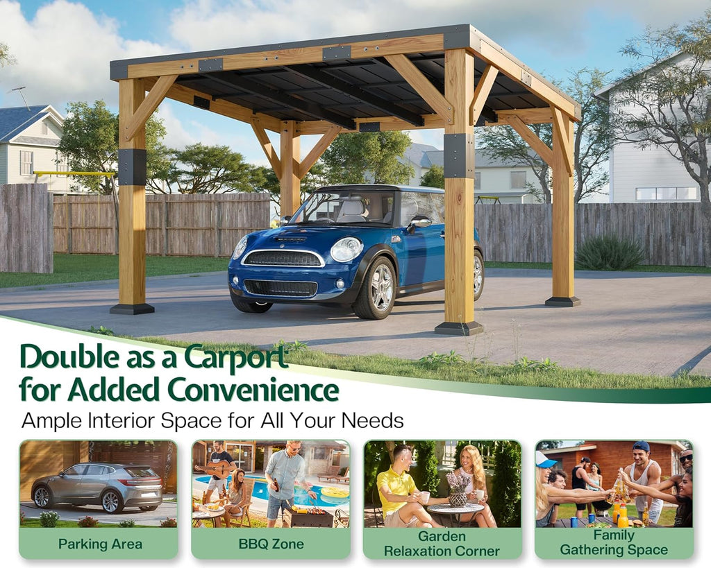 10' x 12' Cedar Wood Gazebo with Sloped Galvanized Steel Roof, Hardtop Gazebo Pavilion with Durable